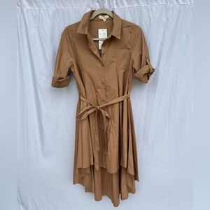 Hot & Delicious Shirt Dress High Low 3/4 Sleeve Tan Tie Waist 100% Cotton Small